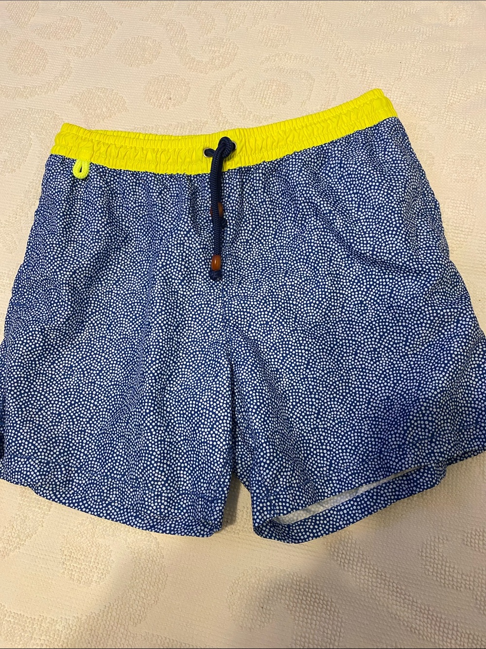 Gili’s Paris Navy Dot Swim Trunks with Yellow Waistband, side pockets